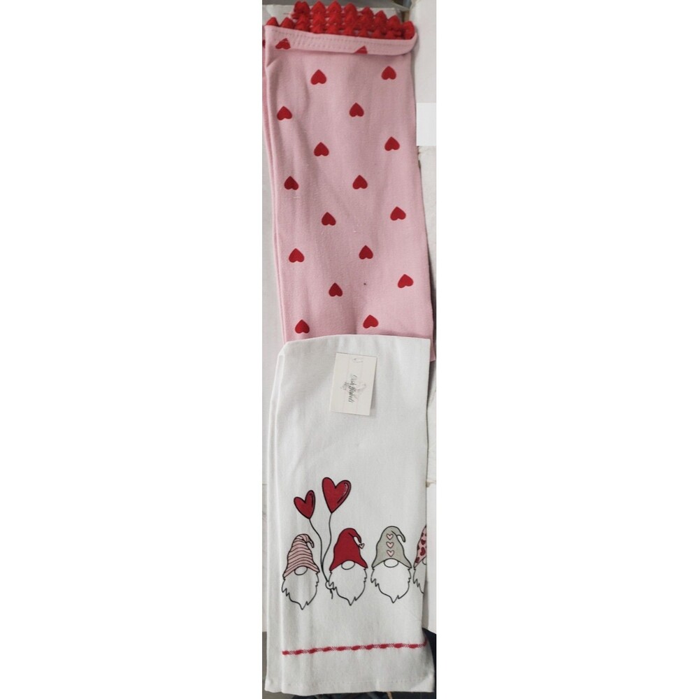 2 Different Thin Cotton Tea Towels(15"x25")VALENTINE'S DAY GNOMES,LOVE HEARTS,AF